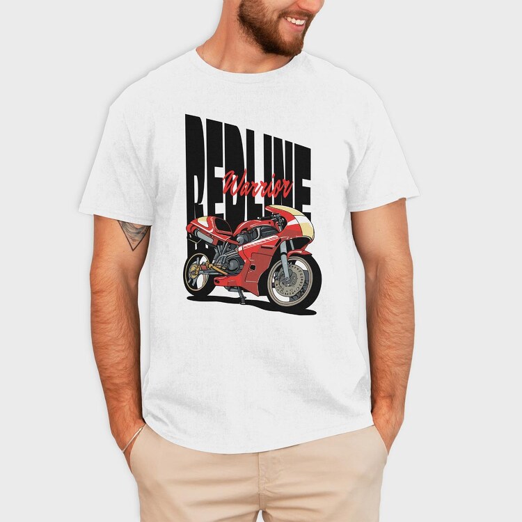 Anime Style Motorcycle Drawing Phrase Redline Warrior, Tricou Barbati (Unisex)
