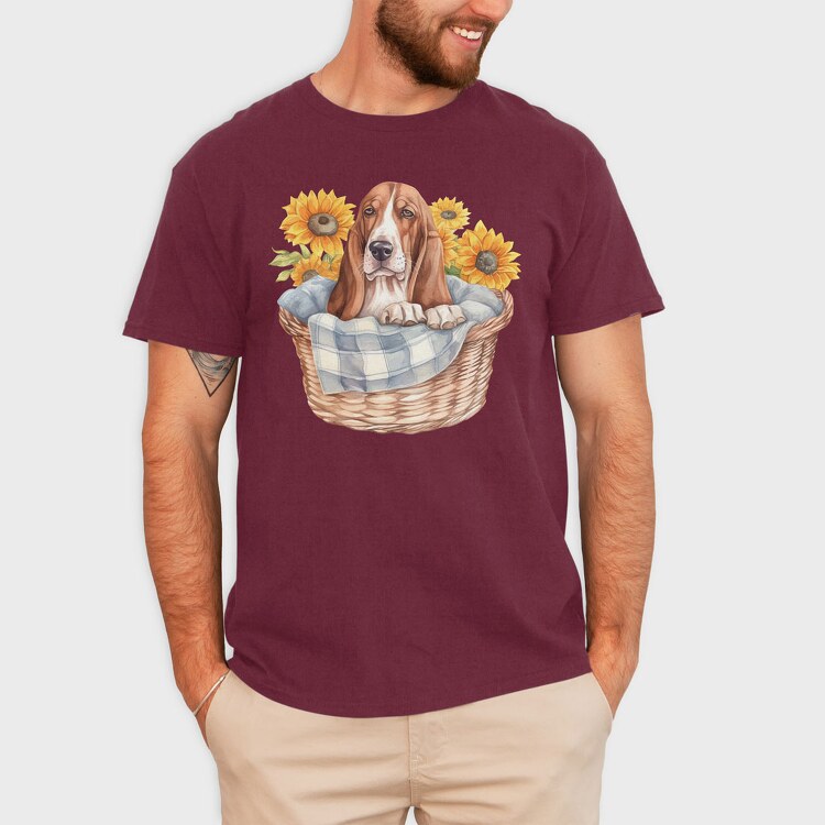 Basset Hound Sunflowers, Tricou Barbati (Unisex)