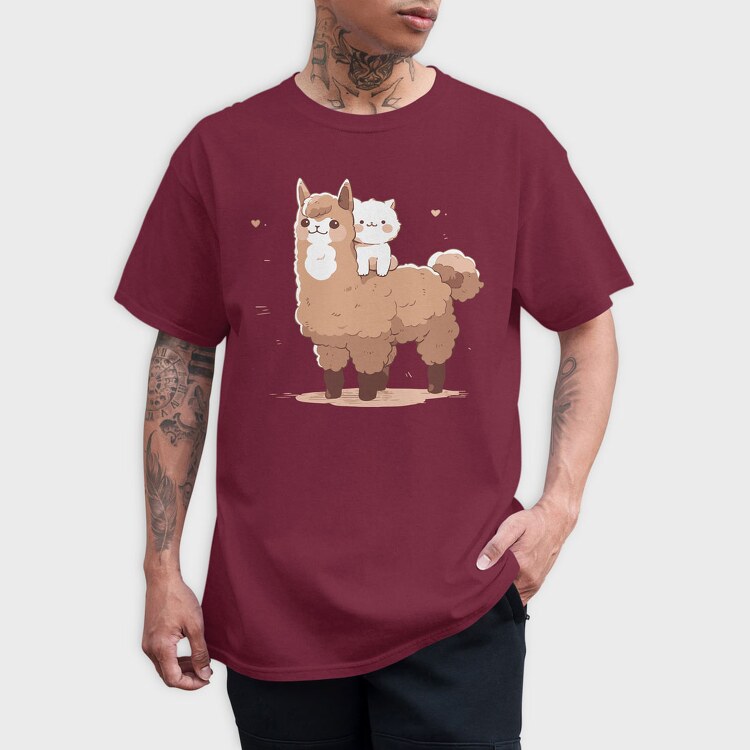 Cute Lama and Cat, Tricou Barbati (Unisex)