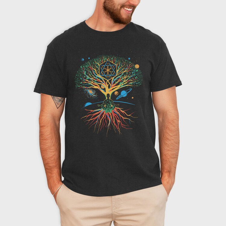 Sacred Geometry Meditating Colorful Magical Tree, Tricou Barbati (Unisex)