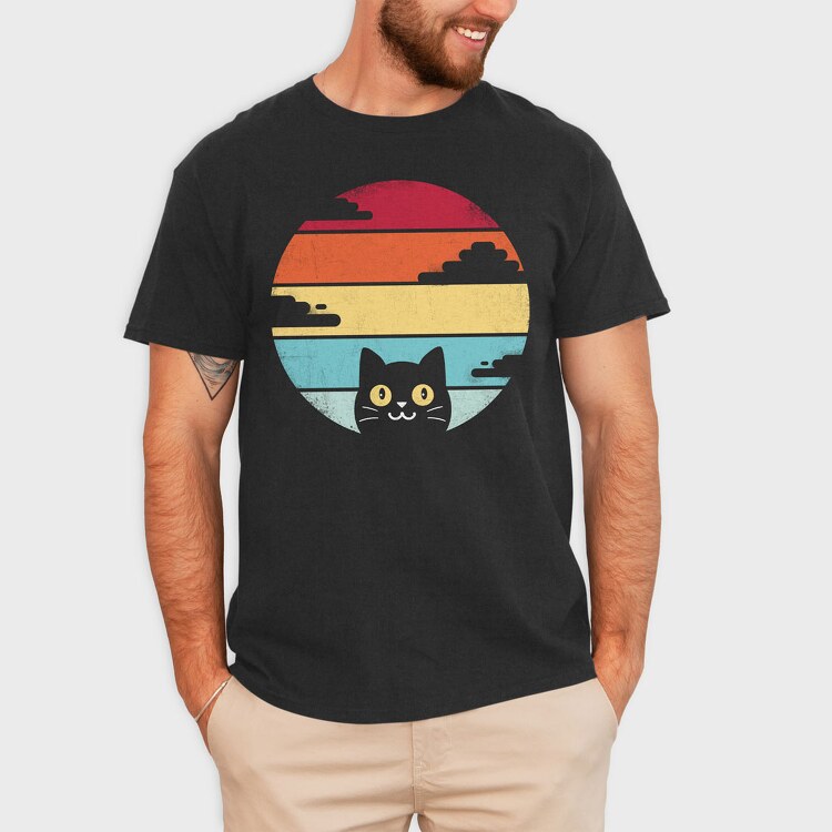 Retro Sunset Cat Funny, Tricou Barbati (Unisex)