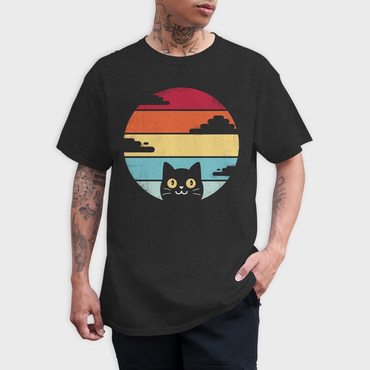Retro Sunset Cat Funny, Tricou Barbati (Unisex)