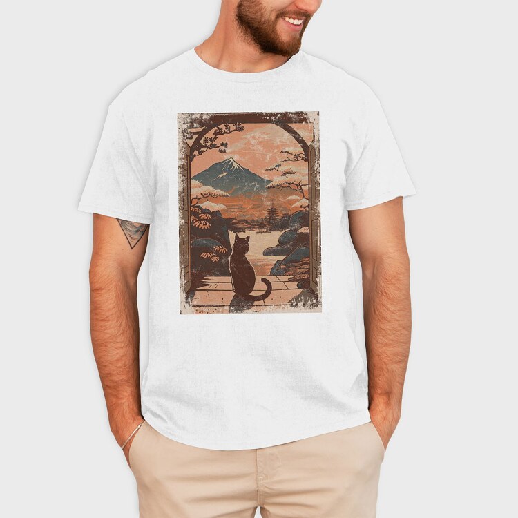 Cat Sitting Traditional Japanese, Tricou Barbati (Unisex)