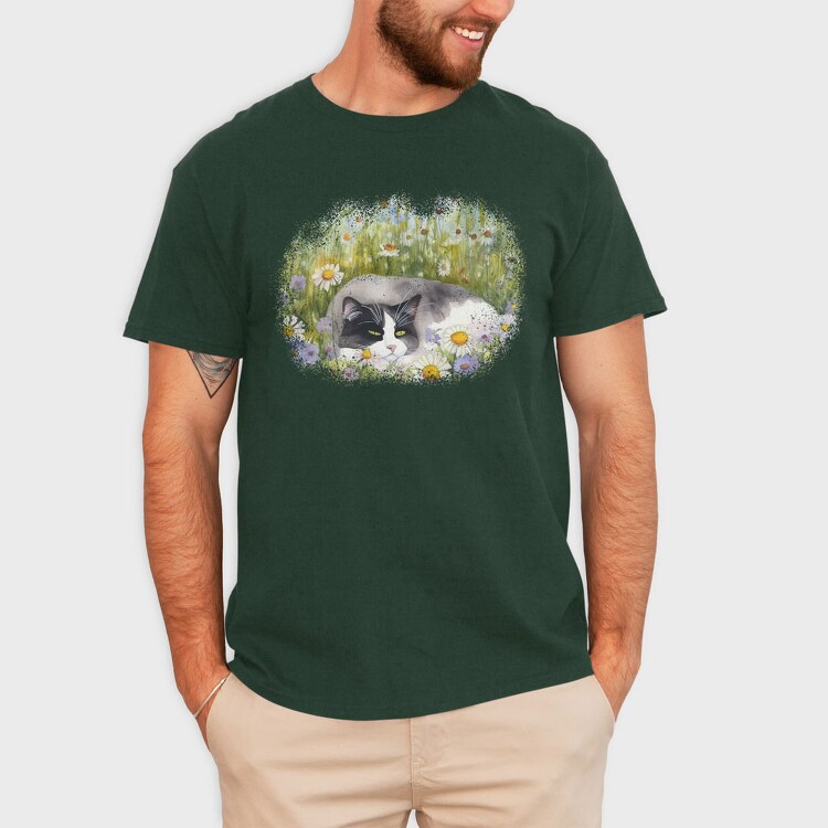 Cat Sleeping in Flower Field, Tricou Barbati (Unisex)
