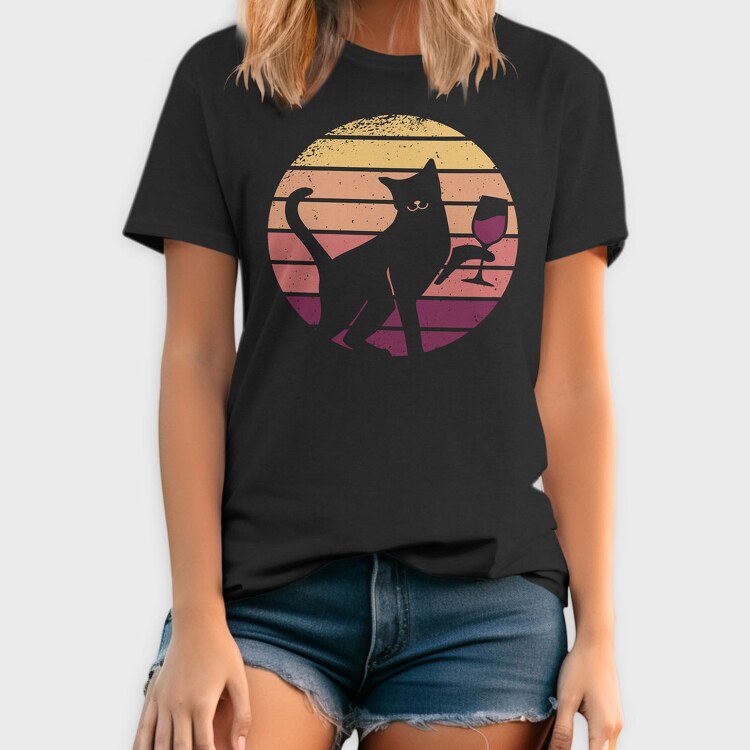 Cat With a Glass of Wine Retro Sunset, Tricou Barbati (Unisex)
