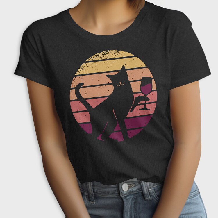 Cat With a Glass of Wine Retro Sunset, Tricou Femei