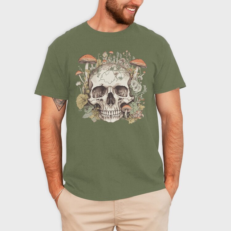 Skull With Mushrooms and Flowers, Tricou Barbati (Unisex)